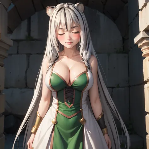 Atlas Fayon woman 40 years old, white hair with black stripes ,white tiger ears, closed eyes, mujer ciega con closed eyes, happy expression. trust. blush,  Pale skin, big breasts, dressed as a green Greek goddess,  goddess cosplay . I am standing by some R...