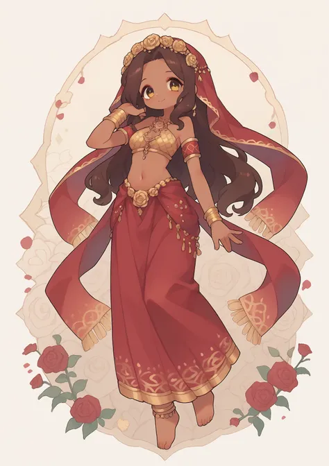 Miss、dark brown hair、Rose red veil，Dark skin，Golden Eyes，indian long skirt、Smile，golden sequins on the chest，Armband，barefoot，Indian attire，Navel，Flip hair