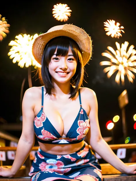 A very cute face like an idol、A 20-year-old woman who looks young、Smiling Kindly、Wearing a yukata、Cleavage、((Thighs are visible))、night、Japan Fireworks Festival、Natural light、(whole body)、High level of artistry