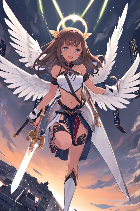 fantasy, 1angel_girl, low_teen, dark_brown_hair,long_bangs, (dark_skin)+, bare_shoulder, navel out, thighhighs,silver_shiny_armor, white_clothes,waist_armor, Glebe, hold_swords_emits_light, medium_breasts, dynamic_flying_pose,Floating, (1pair_white_wings:1...