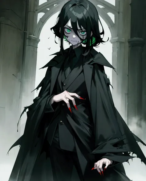 Its zombie, Wearing a long black coat, black trousers, black hair, blue-green eyes, a haughty face, small,