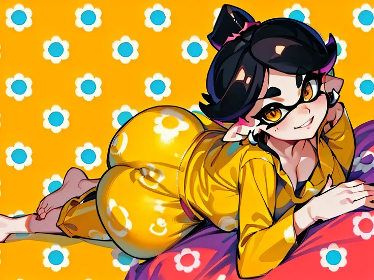 Callie from Splatoon lying on the floor., big booty, orange pajamas,yellow and orange pajamas