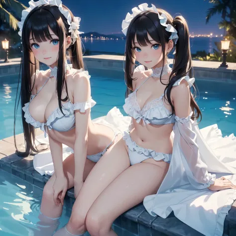 ((masterpiece)), ((highest quality、Ultra high definition)), (Very detailed),8k、Photo quality、((Amazingly cute girl))、(16-year-old girl,)、Two people, , (Beautiful emerald blue eyes), ((smile)),In the open-air bath overlooking the sea, Beautifully arranged b...