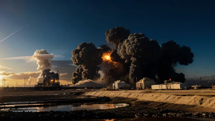 Explosive Background: An image of an oil field with a large explosion in the background, symbolizing the potential danger.