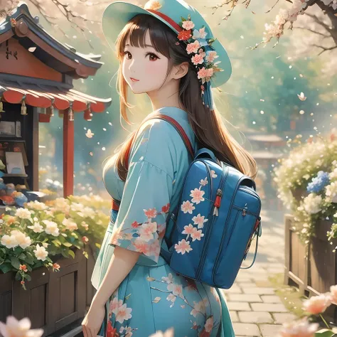 blue flower, masterpiece, Highest quality, High resolution, Shrine maiden1, cherry blossoms_Shrine maiden, one person, big_TİTS, a young asian woman posing in city street with backpack and suitcase, 1girl, solo, hat, long hair, bag