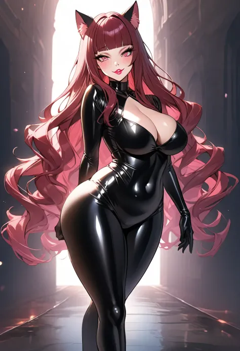 full body, ass shot, ass focus, butt. 1girl, maroon red hair,(shiny lipstick) (pink eyes), long hair, detailed face, cat ears, medium breasts, cleavage, long eyelashes, mature, (smirk, closed lips, big plump lips, eyeshadow) shiny skin, beautiful eyes,(det...