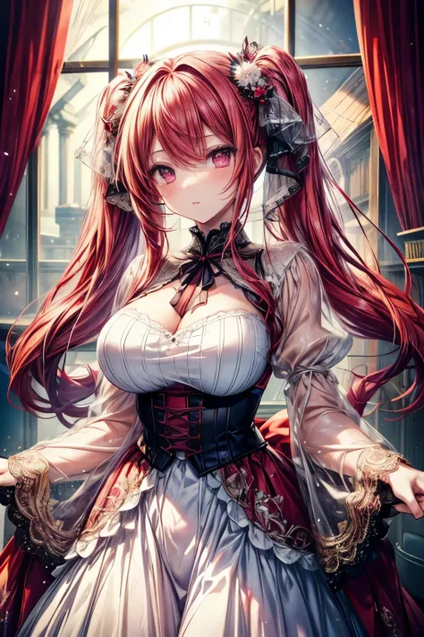 (masterpiece, best quality, perfect face, expressive eyes), 1girl, (adult), (anime), (long red hair), pink eyes, white dress, lace ornament, intricate details, twintails, big breasts,