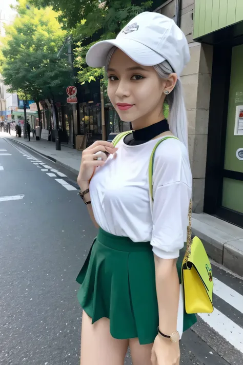 masterpiece , best quality,nahida(genshin impact), 1girl , white shirt:1.5 ,side ponytail ,white hair ,multicolored hair, green eyes,casual outfit , hat , black choker, bag , green hair,busy road , city life 