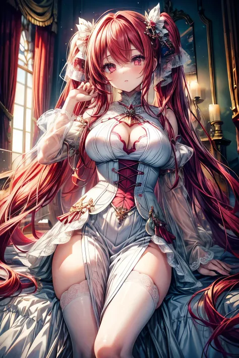 (masterpiece, best quality, perfect face, expressive eyes), 1girl, (adult), (anime), (long red hair), pink eyes, white dress, lace ornament, intricate details, twintails, big breasts, busty, hourglass figure,