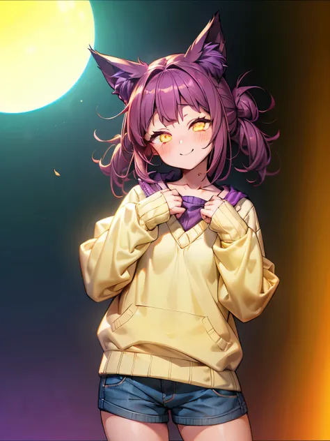 photorealistic, 1girl, saturated violet hair, orange fox ears (1.7), flat chest (1.7), puffed out her cheeks, saturated glowing bright orange eyes, cat-like pupils (2), sandy beach, denim shorts, sweater, narrow waist (2), tired but happy eyes, cutely hold...