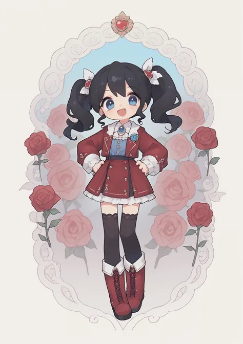 miss、black twin ponytails，blue eyes，dark red short coat，sapphire brooch，（black hair），open mouth smile，boots，black stockings，rose...