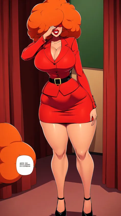 A tall, sexy, sensual, beautiful woman with large breasts, long, wavy, curly, fluffy orange hair, covers her face with red lips, wears a red button-down office shirt and a short red office skirt, and black heels. 