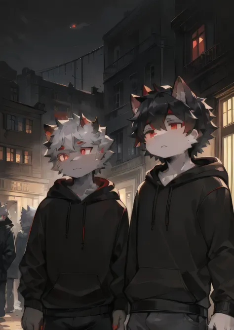 (hairy:1.2),(deep gray hairy cat,Red Eyes,Black Hoodie, Boys, Handsome:1.2),(masterpiece,Delicate eyes, Delicate face,high quality, Absurd answer,Beast field:1.2),(Random Background, Crowded open air city street, Randomly facing the camera, indifferent, sc...