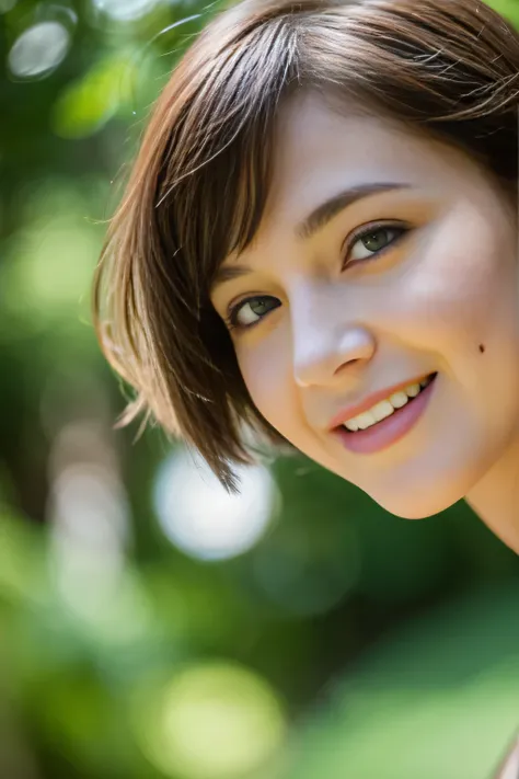 beautiful girl, showing face, protruding tongue, short hair, brown, 8k, professional photography, delicate, clear, in the forest, sun, light leakage, masterpiece, (beautiful)))), (reality)))), smile, fantastic, angel, young