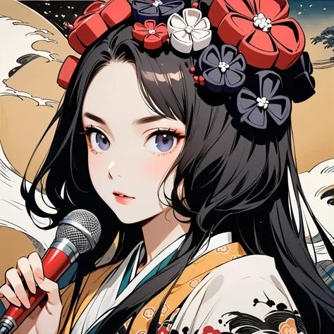 (((Highest quality))), (((Katsushika Hokusai))), (((Ink Painting))), ((Very straight long hair)), ((1 Girl)), ((beautiful girl)), ((With microphone in hand)), Headphones, Black Hair, Delicate and precise, Modern ukiyo-e style, Face close-up