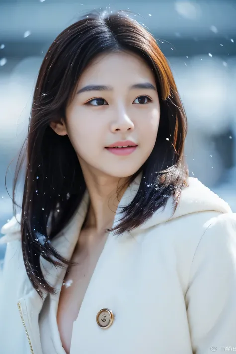 realistic photos of (1 cute Korean star) Shoulder-length hair, thin makeup, medium breasts size, wearing coat, in the snow, clear facial features, 8K high resolution, sharp and realistic details.from outside, Eye-Level Shot, f/4.0, 135mm, Fujifilm, jpeg ar...