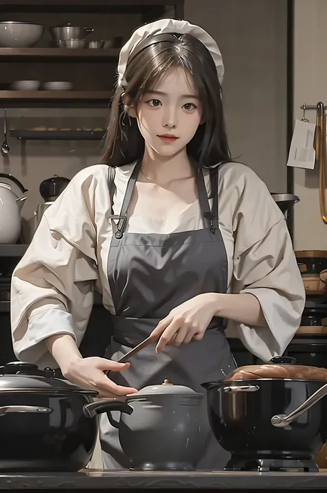 masterpiece, best quality, high quality, HD, high quality texture, high quality shadow, High Detail, Exquisite and detailed, fine, Extremely detailed CG, Detailed texture，A silly beautiful woman in the kitchen，Wearing an apron，Smoke coming from the pot，