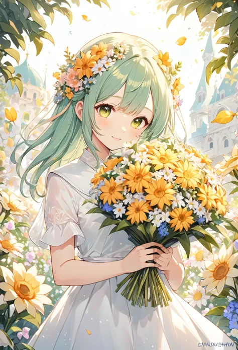 Close-up of a bouquet of flowers, Made of flowers少女, Girl in Flowers, Made of flowers, covered With flowers, With flowers, Carrying flowers, Full of flowers, Covered with flowers, Holding flowers, Lee Song, By Chiho Aoshima, By Niduan, Cute artwork, Jan Bo...