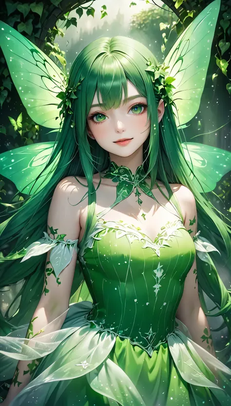 very beautiful female spirit fairy, with long straight green hair, green eyes, smiling, wearing a white and green long frilly dress, covered in green tattoos, great proportion, ivy, shading effects, gradation magic effects, foggy filter effects, glitter ef...