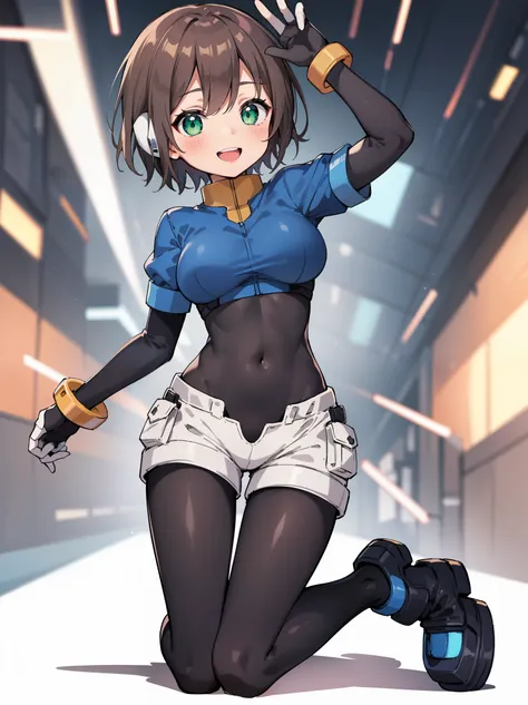 aile_megamanzx, kneeling with one hand on the ground and the other arm raised, 1girl, solo, short hair, brown hair, short sleeve...