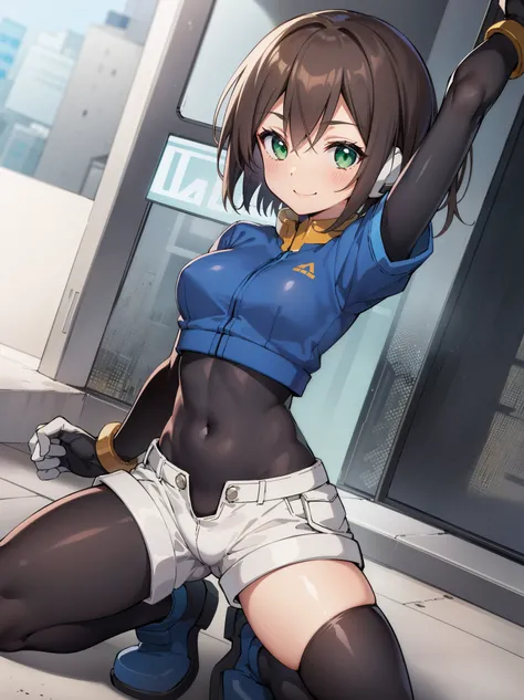 aile_megamanzx, kneeling with one hand on the ground and the other arm raised, 1girl, solo, short hair, brown hair, short sleeves, (bodysuit), robot ears, green eyes, short_shorts, short sleeves, short over long sleeves, smile, in futuristic city, , high q...