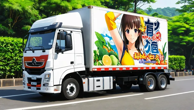 Realistic truck photos, (((A deformed anime girl illustration on the side of a large trucks box and"high income""phi.1""Ask"It says の))), The truck was parked in a busy area、The lighting is beautifully done, Detailed Photos, フォトRealistic:1.2, Realistic, ma...