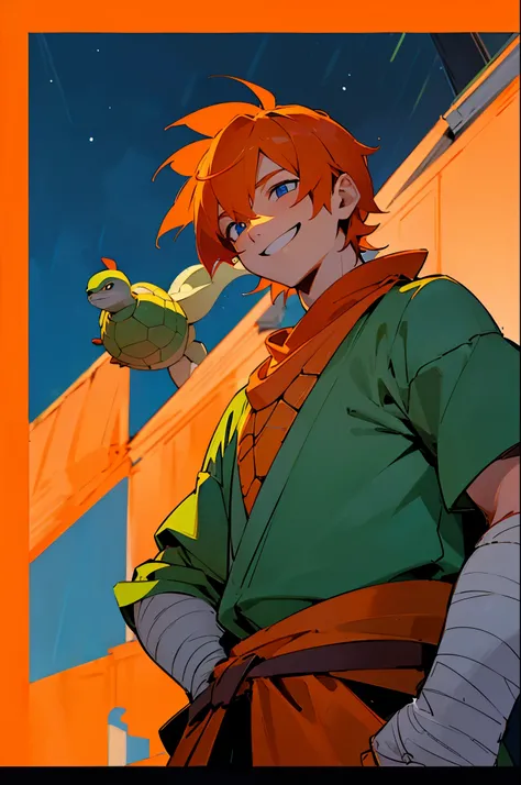 leo, 1boy, turtle boy, turtle shell, orange bandana, blue eyes, upper body, (smile:1.2), upper body, bandages, standing, from below, outdoors, rooftop, on roof, night, wind, night, night sky, new york, rain,, arms on sides, laughing, orange hair, 