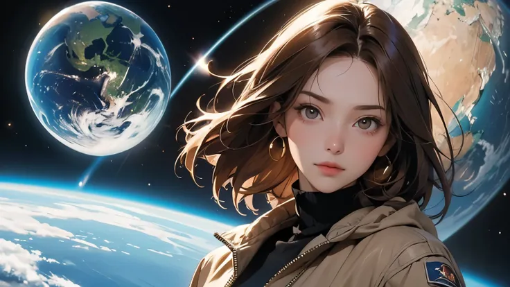 A beautiful woman. Light brown hair. She is wearing a jacket and pants. She is looking at the camera with a defiant expression. An image of outer space and time in the space behind her.