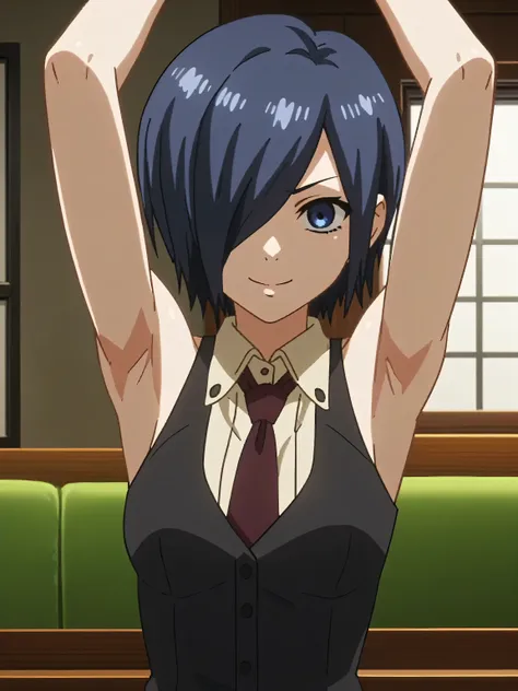 score_9, score_8_up, score_7_up, source_anime, anime screencap, indoors, 1girl, solo, kirishima touka, blue hair, hair over one ...