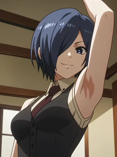 score_9, score_8_up, score_7_up, source_anime, anime screencap, indoors, 1girl, solo, kirishima touka, blue hair, hair over one ...