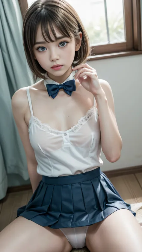 High resolution、High resolution、in 8K、Real Live Action、RAWphotographgraphy、Highest quality、masterpiece、Tabletop、erotic、young、student、White bra,White skin,knees、Detailed Panty Pattern、Panty Focus、White lace panties、absurdes,Small face、part your bangs in the...