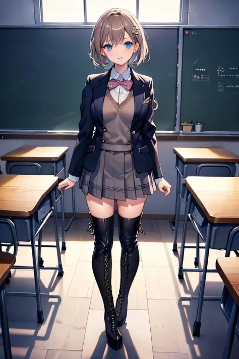 girl, standing, school, classroom, thigh high boots, platform boots, school uniform, lace up boots, high heels