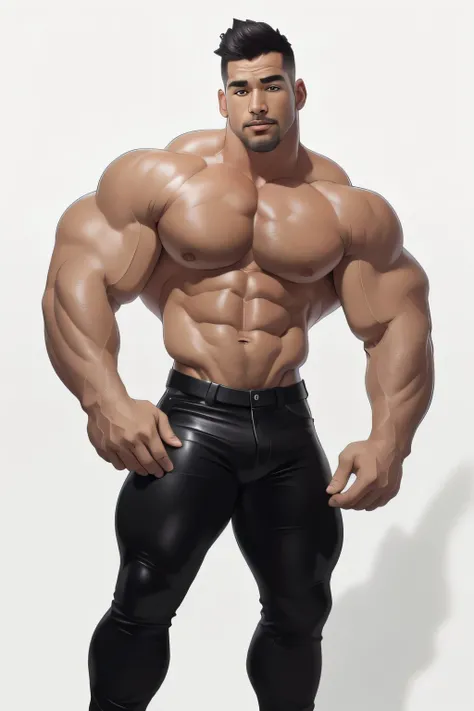 masterpiece, handsome ,best quality, muscular, bara, mature male, shirtless,80s haircut, large pectorals , huge arms and hands, black leather pants, thick eyebrows,white background