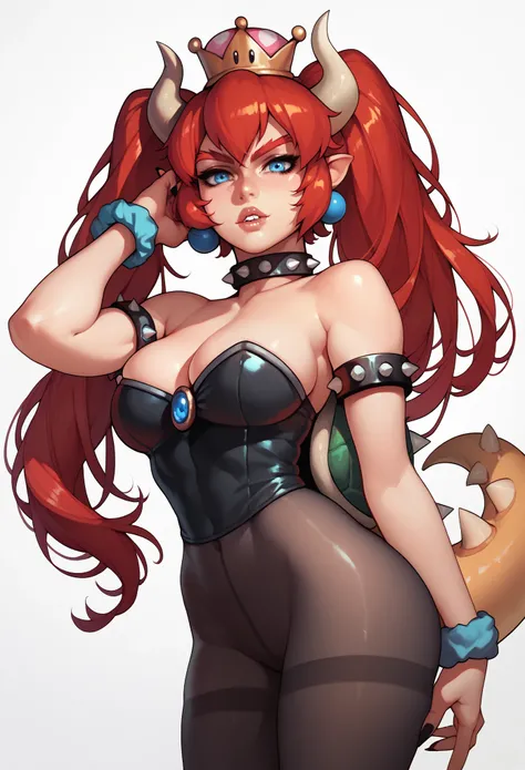 Bowsette 1girl, solo, redhair, twintails, very long hair, blue eyes, hair scrunchie, looking at viewer, lips, parted lips, cowboy shot, pantyhose, 