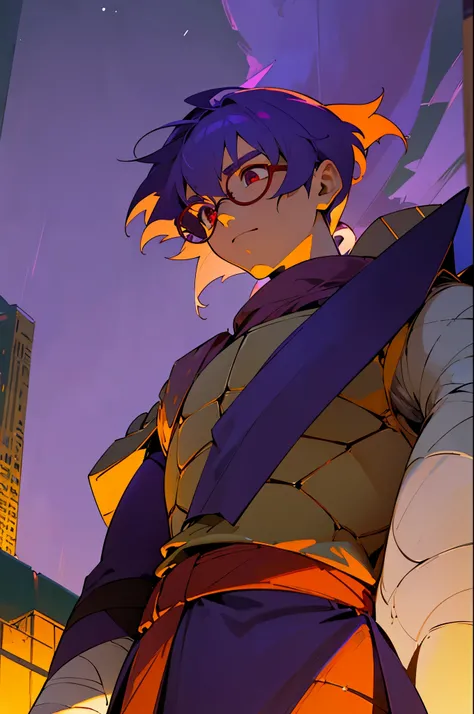 1boy, turtle boy, turtle shell, purple bandana, red eyes, upper body, (calm:1.2), upper body, bandages, standing, from below, outdoors, rooftop, on roof, night, wind, night, night sky, new york, rain,, arms on sides, calm expression, purple hair, bowl cut,...