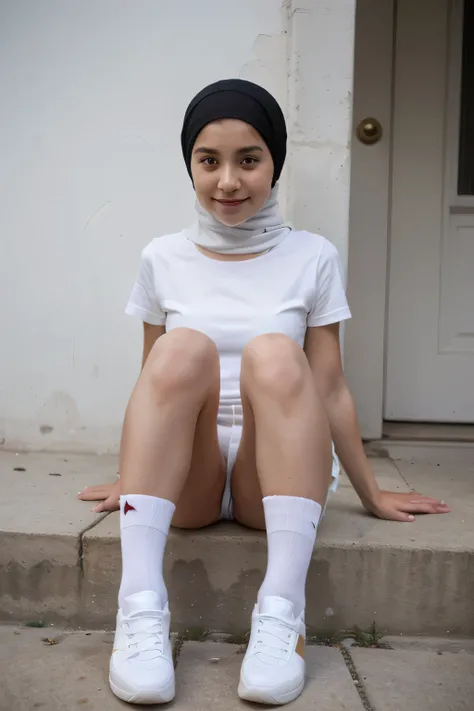 13 years old turkish girl wearing hijab, white shirt, black loose mini skirt, long white socks,Black Shoes,parkta ,beautiful face,slight smile. Tam boy pozu oturuyor