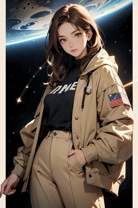 A beautiful woman. Light brown hair. She is wearing a jacket and pants. She is looking at the camera with a defiant expression. An image of outer space and time in the space behind her.