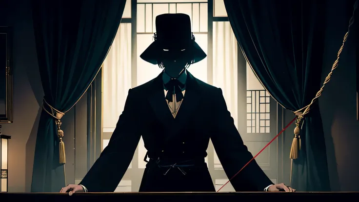 Highest quality、High resolution、Realistic、A striking and symbolic scene depicting a Japanese nobleman as a puppet on strings, with a shadowy figure in the background pulling the strings. The nobleman is dressed in elegant but restrictive attire, his moveme...