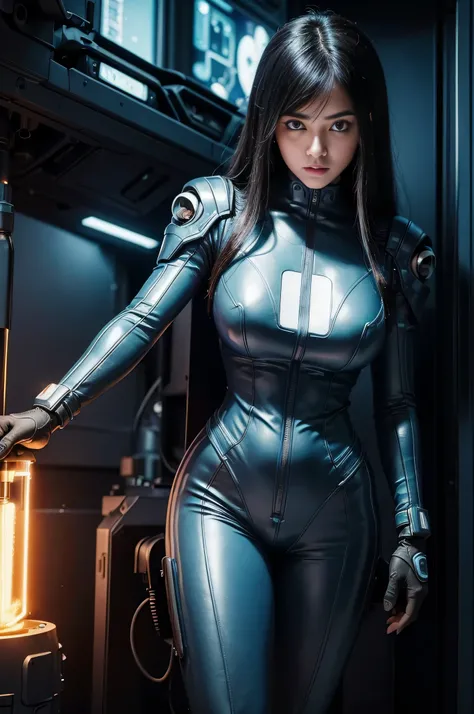 Candid photo of a female engineer repairing the engine of a huge spaceship, Wearing a tight futuristic space suit, masterpiece, (Beautiful and big eyes:1.1), Intricate details, Very complex iris, close, Neon Light, thick smoke, Cyberpunk atmosphere, Flash ...