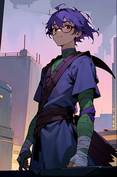 1boy, turtle boy, turtle shell, purple bandana, red eyes, upper body, (calm:1.2), upper body, bandages, standing, from below, outdoors, rooftop, on roof, night, wind, night, night sky, new york, rain,, arms on sides, calm expression, purple hair, bowl cut,...