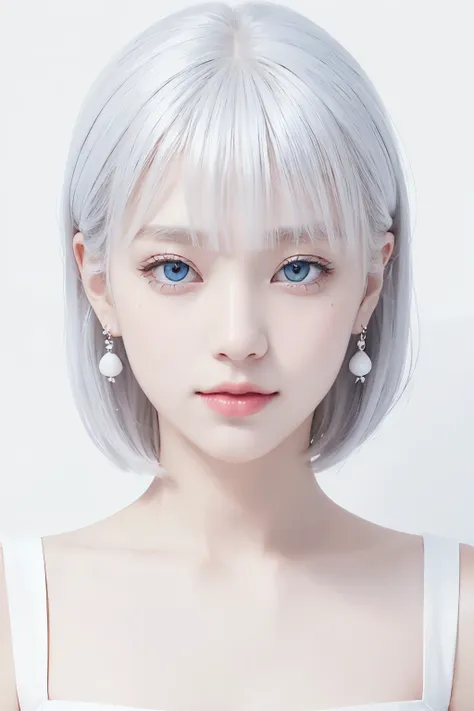 (((white background:1.3)))、albino women、beautiful face、eyes are light blue、almost white lips、a little smile、short-cut hair with ...