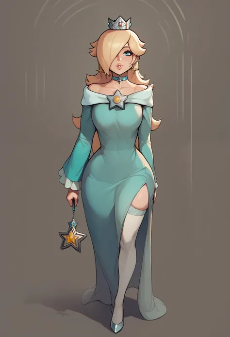 beautiful blue eyes, 1girl, solo, long hair, smile, blue eyes, blonde hair,  thighhighs, long sleeves, bangs over one eye,  holding, jewelry, standing, full body, lips, crown, clothes writhing, blue cocktail dress, blue choker, princess Rosalina , puckered...