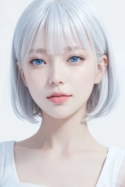 (((white background:1.3)))、albino women、beautiful face、eyes are light blue、a little smile、short-cut hair with gray hair、white dr...