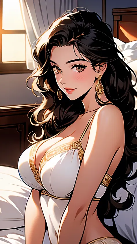 Highest quality, Highest Resolution, Tabletop, Ultra-detailed, Beautiful woman, (Curly hair in black braids), Long Hair, Golden Eyes, Pink Lips, Luxury hotel bedroom windowsill, Inside the room, sunlight, Bright light, Embarrassed expression, Large Breasts...