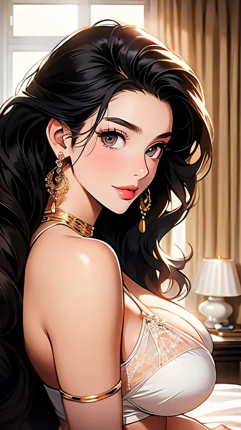 Highest quality, Highest Resolution, Tabletop, Ultra-detailed, Beautiful woman, (Curly hair in black braids), Long Hair, Golden Eyes, Pink Lips, Luxury hotel bedroom windowsill, Inside the room, sunlight, Bright light, Embarrassed expression, Large Breasts...