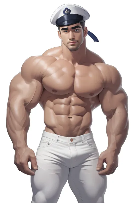 masterpiece, handsome , clear face and eyes, best quality, muscular, bara, mature male, shirtless,long bangs haircut, large pectorals,sailor hat, wearing white jeans, thick eyebrows,white background