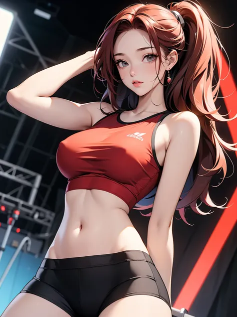 A fit young woman in her 20s. wearing a red sports top and black cycling shorts. She has shoulder-length straight red hair. no background. on the stage. 카메라를 바라본다
huge boobs.