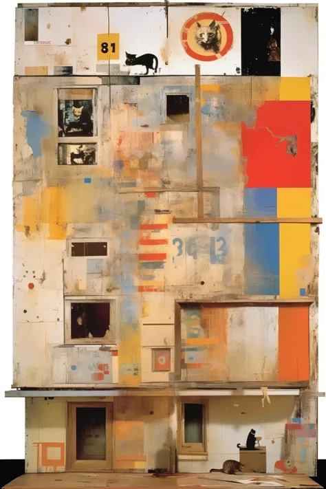 Robert Rauschenberg style - Robert Rauschenberg was here, a painting painted on the wall of the facade of a house with some dilapidated areas, it depicts cats and mice and colors and abstract symbols, The style is inspired by modernism