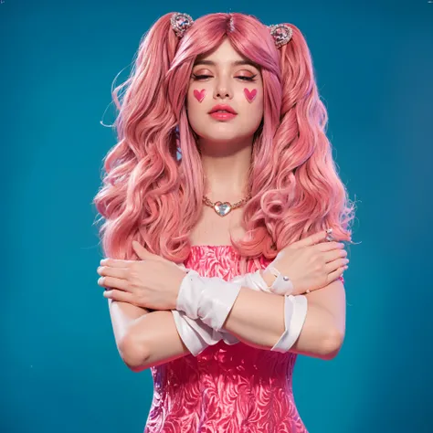 The image features a woman with striking pink hair styled in glamorous curls, lying on a futuristic, curved platform. She wears a pleated, coral pink dress and a sparkling necklace, enhancing her elegant appearance. Her makeup is dramatic, with deep pink s...