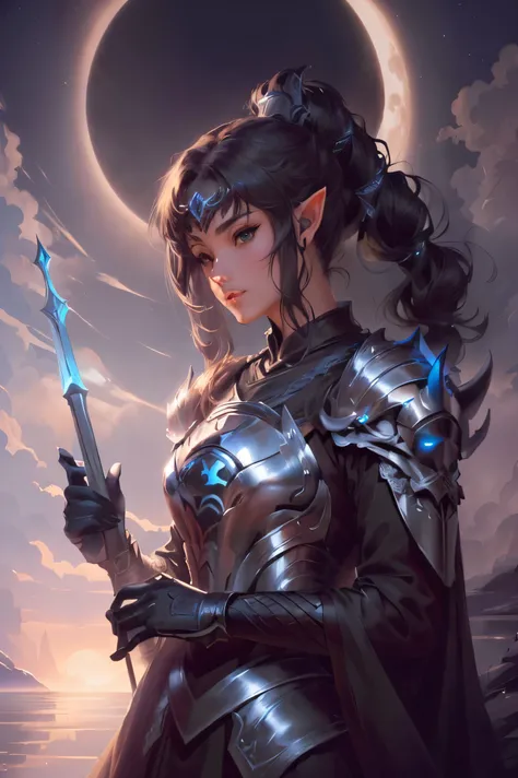 One is wearing armor、a woman holding a spear stands before the full moon, epic Fantasy art style, Elf Princess Knight, Extremely detailed Artgerm, alluring black hair Elf Princess Knight, Fantasy art style, Portrait of the Knights of the Zodiac, dnd fantas...